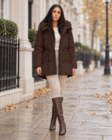 Women's Jacket in Coffee Brown styled on a London autumn street