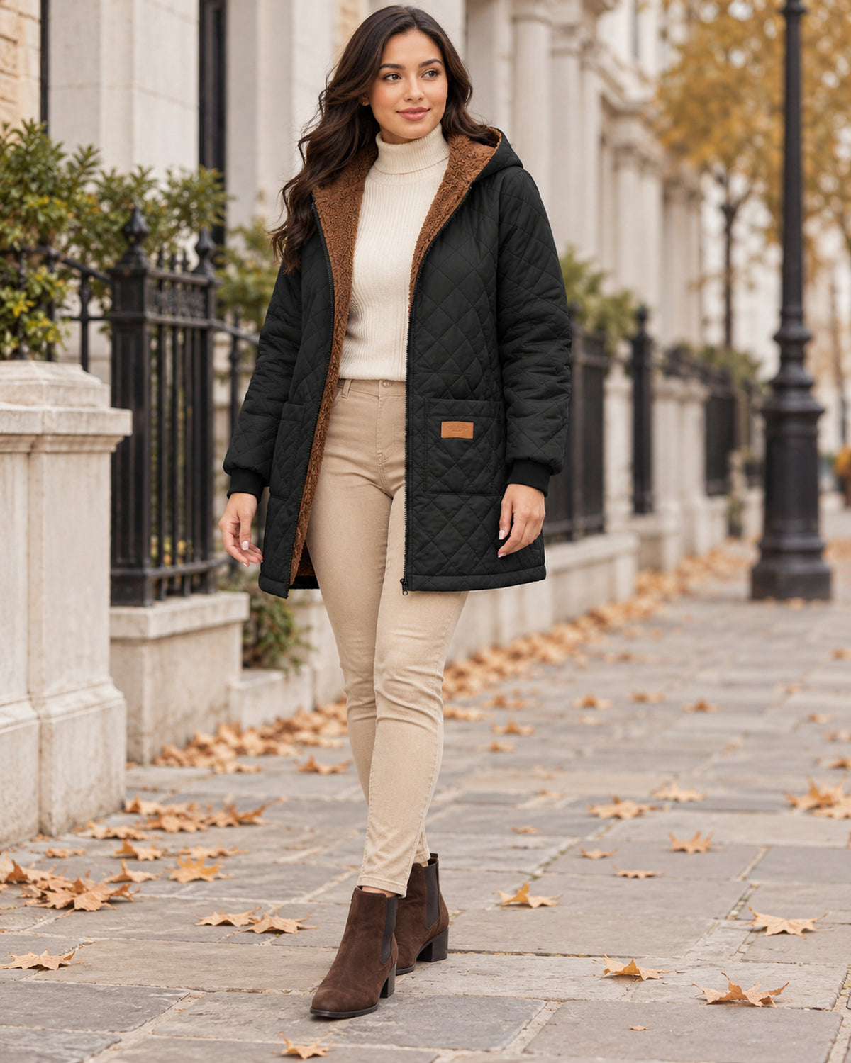 Women's Jacket in Mocha Brown styled on a London autumn street