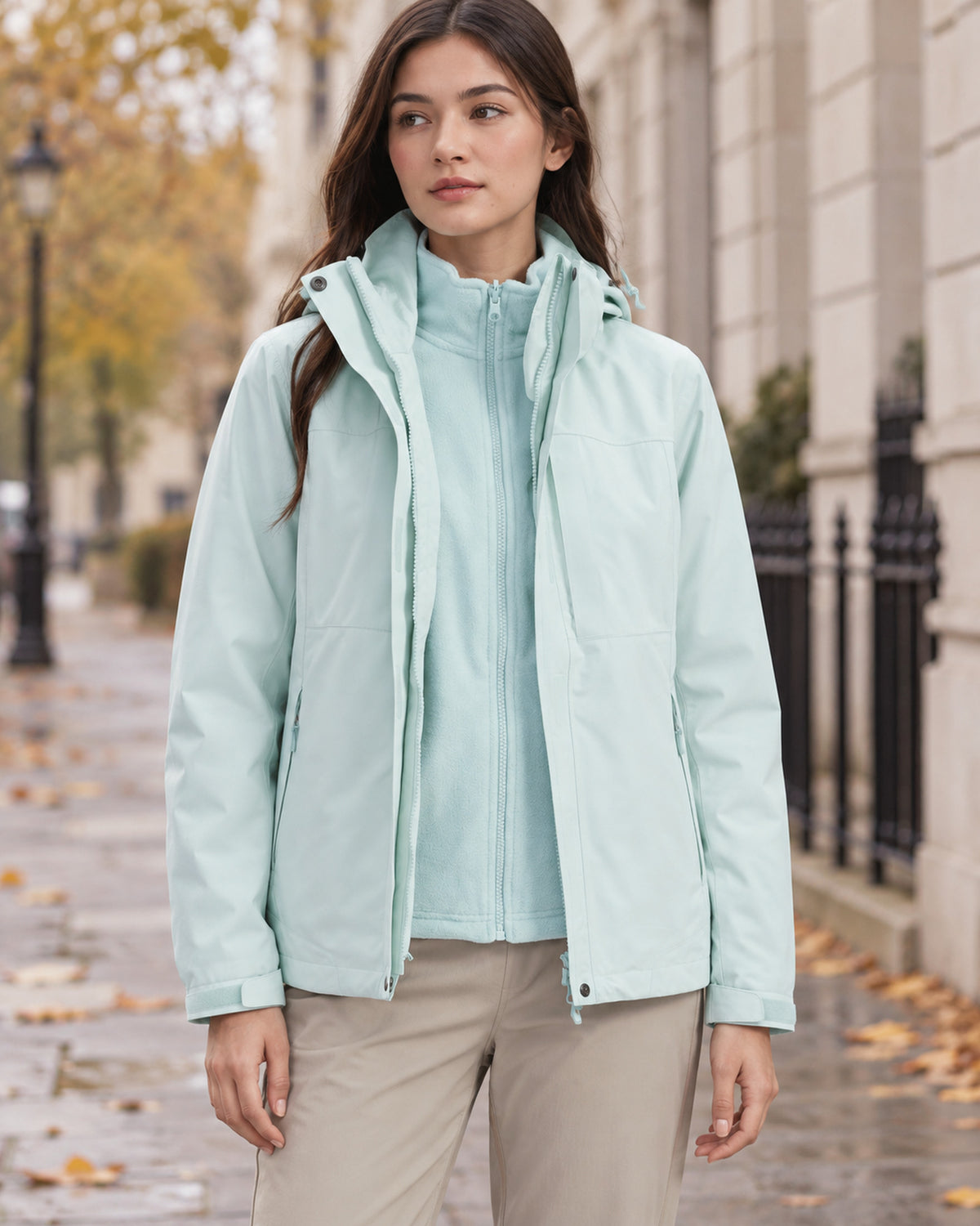 Women's Jacket in Salt Mist Blue styled on a London autumn street