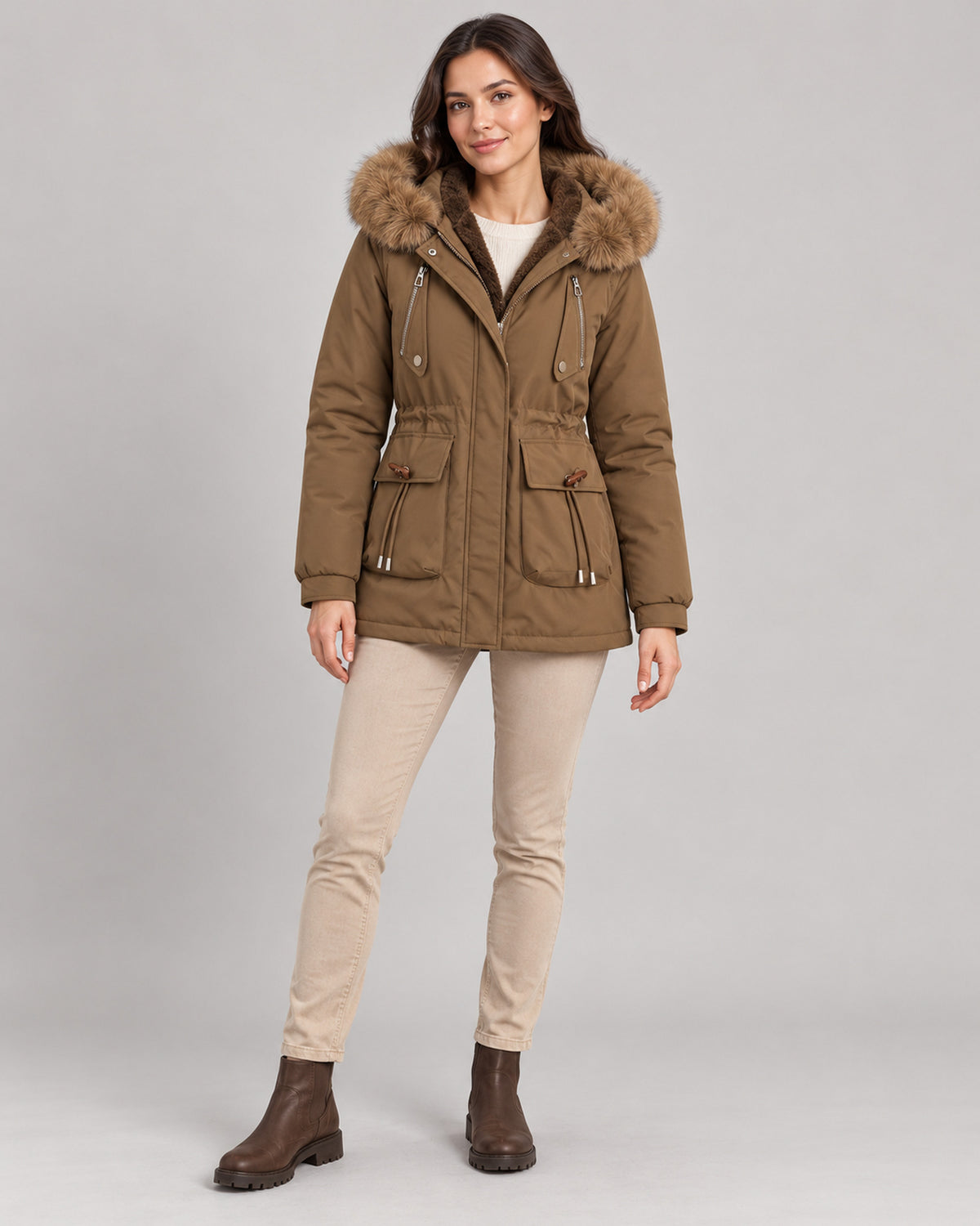 Women's Jacket in Coffee Brown on a neutral background