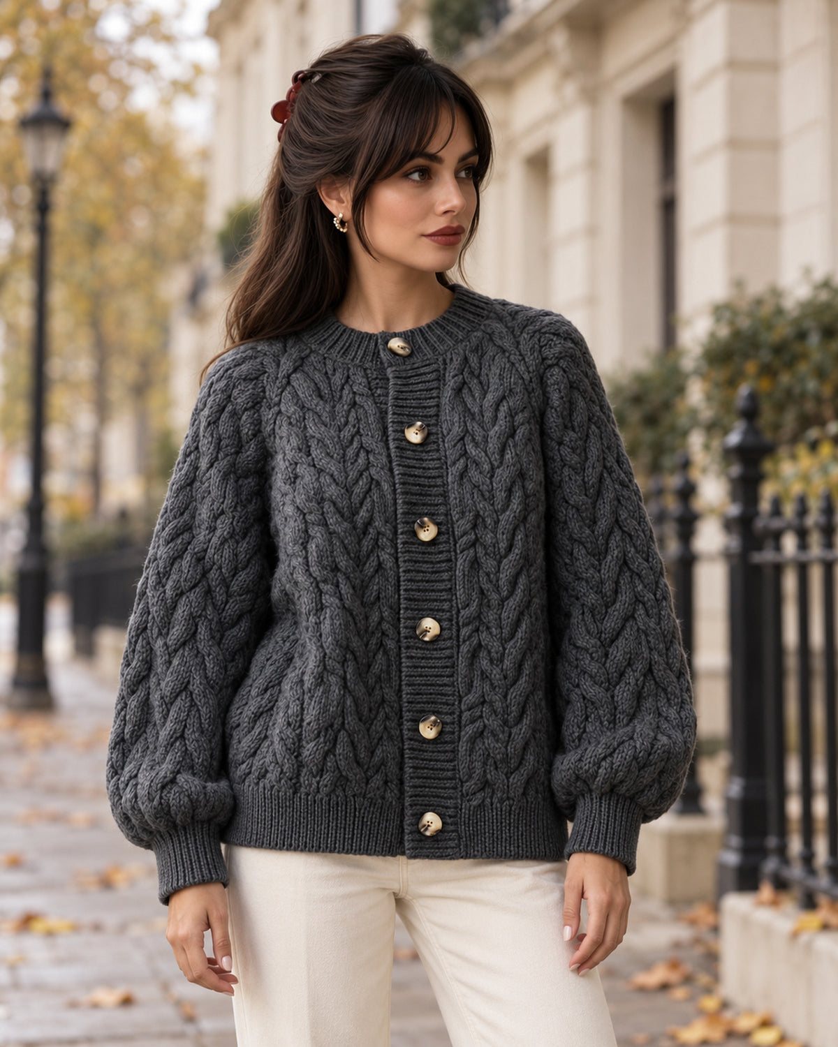 Women's Long Sleeve Cardigan in Grey styled on a London autumn street