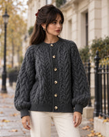 Women's Long Sleeve Cardigan in Grey styled on a London autumn street