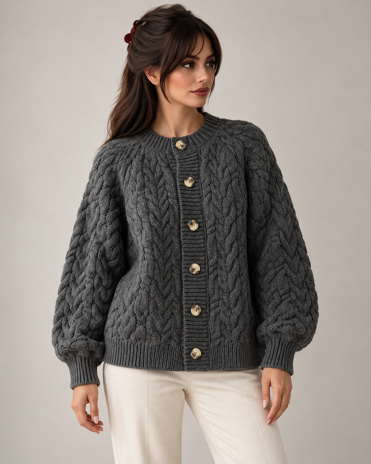 Women's Long Sleeve Cardigan in Grey on a neutral background