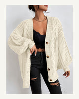Women's Cable Knit V-Neck Cardigan in Beige - original-tratada