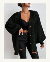 Women's Cable Knit V-Neck Cardigan in Black - original-tratada