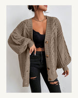 Women's Cable Knit V-Neck Cardigan in Brown - original-tratada