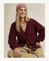 Women's Cable Knit V-Neck Cardigan in Burgundy - original-tratada