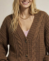 Women's Cable Knit V-Neck Cardigan in Coffee Brown - detalhe