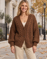 Women's Cable Knit V-Neck Cardigan in Coffee Brown styled on a London autumn street