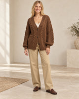 Women's Cable Knit V-Neck Cardigan in Coffee Brown styled with neutral pieces
