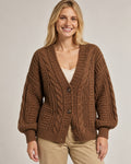 Women's Cable Knit V-Neck Cardigan in Coffee Brown on a neutral background