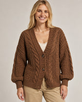 Women's Cable Knit V-Neck Cardigan in Coffee Brown on a neutral background