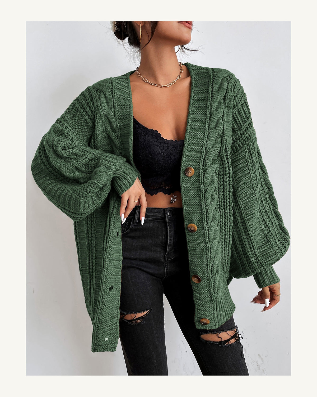 Women's Cable Knit V-Neck Cardigan in Olive Green - original-tratada