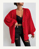 Women's Cable Knit V-Neck Cardigan in Red - original-tratada