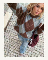 Women's Long Sleeve Crew Neck Jumper in Grey Blue/Brown - original-tratada