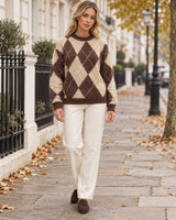 Women's Long Sleeve Crew Neck Jumper in Khaki/Brown styled on a London autumn street