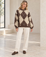 Women's Long Sleeve Crew Neck Jumper in Khaki/Brown styled with neutral pieces