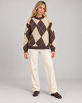 Women's Long Sleeve Crew Neck Jumper in Khaki/Brown on a neutral background