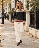 Women's Long Sleeve Crew Neck Jumper in Black styled on a London autumn street