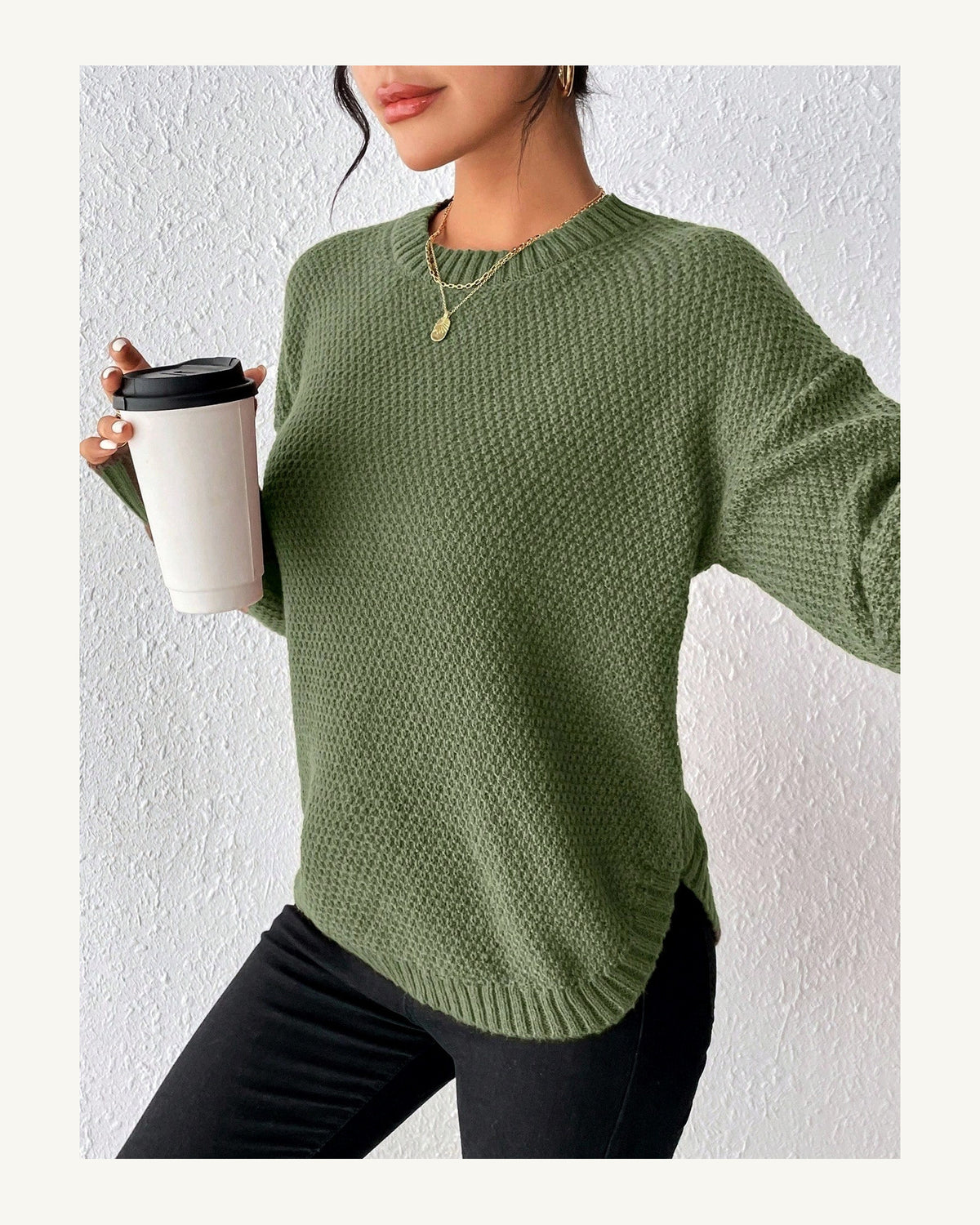 Women's Long Sleeve Crew Neck Jumper in Army Green - original-tratada