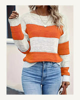 Women's Striped Crew Neck Jumper in Coral Orange 2 - original-tratada