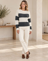 Women's Striped Crew Neck Jumper in Dark Grey styled with neutral pieces