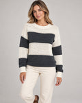 Women's Striped Crew Neck Jumper in Dark Grey on a neutral background
