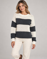Women's Striped Crew Neck Jumper in Dark Grey on a neutral background