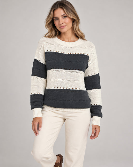 Women's Striped Crew Neck Jumper in Dark Grey on a neutral background
