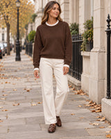 Women's Long Sleeve Crew Neck Jumper in Coffee Brown styled on a London autumn street