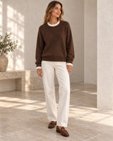 Women's Long Sleeve Crew Neck Jumper in Coffee Brown styled with neutral pieces
