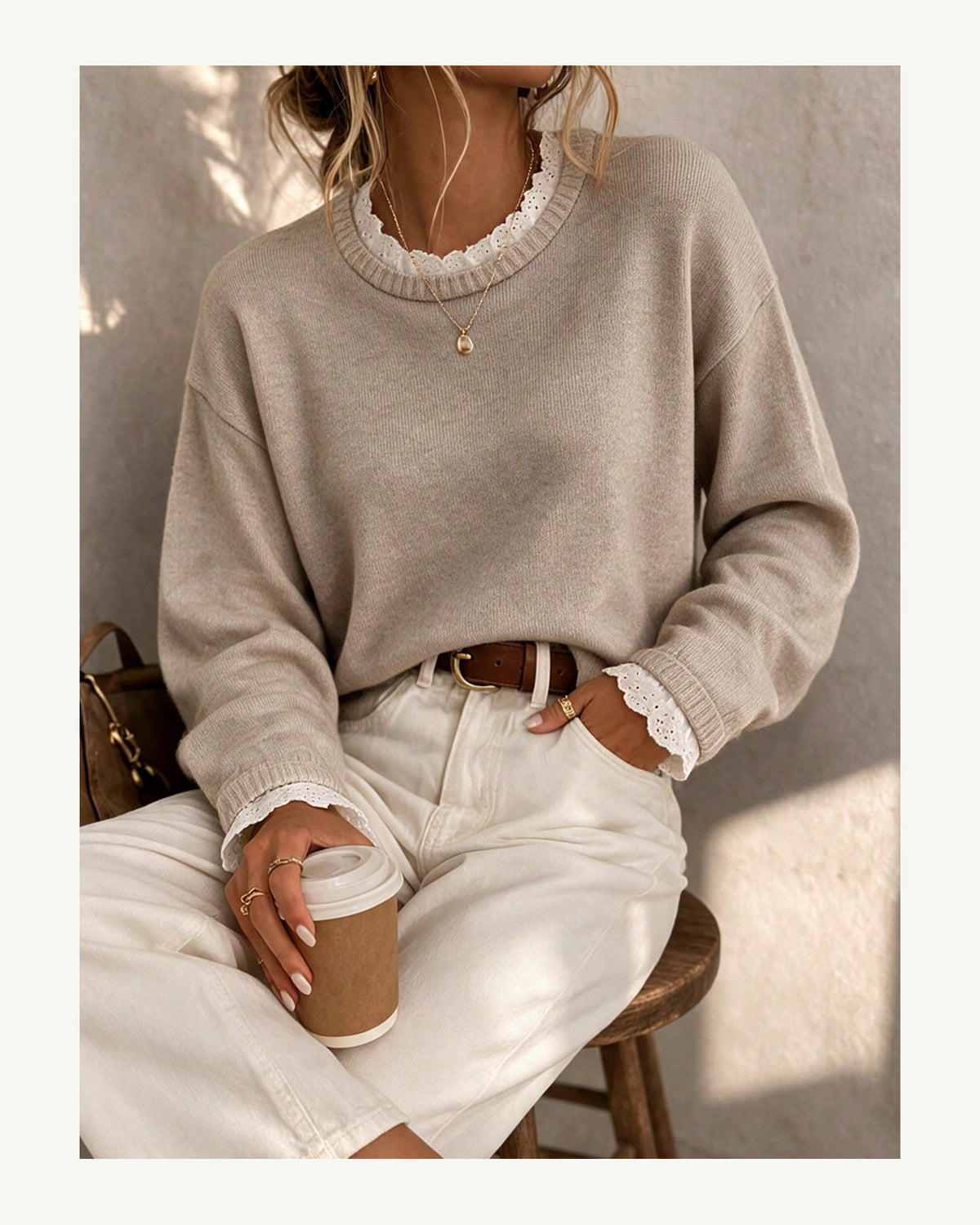 Women's Long Sleeve Crew Neck Jumper in Light Khaki - original-tratada