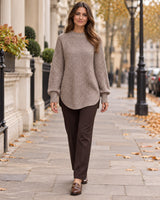Women's Long Sleeve Jumper in Mocha Brown styled on a London autumn street