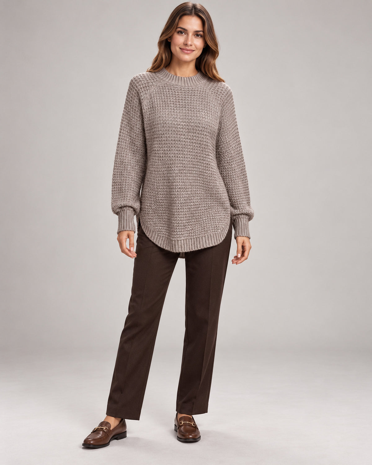 Women's Long Sleeve Jumper in Mocha Brown on a neutral background