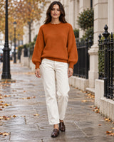 Women's Long Sleeve Jumper - Dusty Pink in Rust Brown styled on a London autumn street