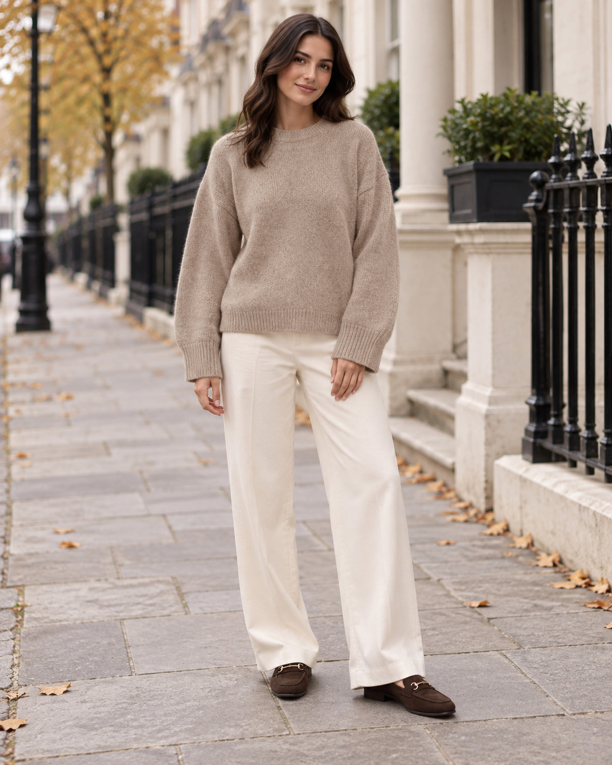 Women's Long Sleeve Jumper in Camel styled on a London autumn street