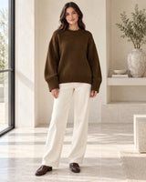 Women's Long Sleeve Jumper - Coral Red in Warm Brown styled with neutral pieces