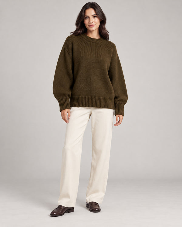 Women's Long Sleeve Jumper - Coral Red in Warm Brown on a neutral background