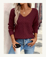 Women's Long Sleeve V-Neck Jumper in Burgundy - original-tratada