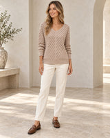 Women's Long Sleeve V-Neck Jumper in Camel styled with neutral pieces
