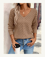 Women's Long Sleeve V-Neck Jumper in Khaki - original-tratada