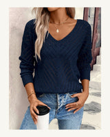Women's Long Sleeve V-Neck Jumper in Navy Blue - original-tratada