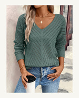 Women's Long Sleeve V-Neck Jumper in Olive Green - original-tratada