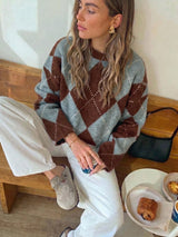 women s long sleeve crew neck jumper 3d26be in Grey Blue/Brown