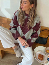 women s long sleeve crew neck jumper 3d26be in Wine Red/Grey