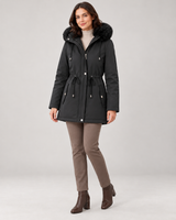Women's hooded parka in dark grey on a neutral background