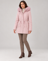 Women's hooded parka in pink on a neutral background