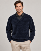 Men's dark blue V-neck jumper with grey collar on a neutral background