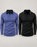 Two men's long sleeve polo shirts in blue and black on a neutral background
