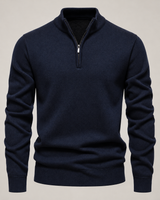 Men's quarter-zip jumper in navy blue on a neutral background